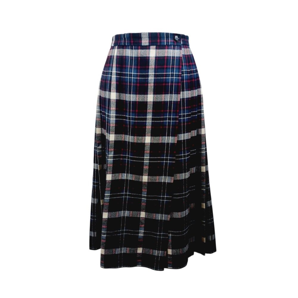 Vintage F.A. Chatta SZ 10 Wool Plaid Pleated Wrap Skirt, Navy/Red/Cream Academia
